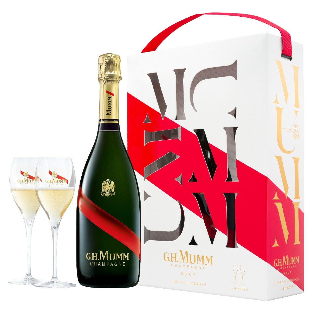 G.H.MUMM GRAND CORDON BRUT COFFRET 75 cL 12 % SET SE DVĚMI SKLENIČKAMI, GIFT BAG