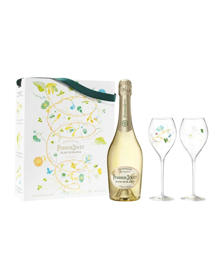 PERRIER-JOUËT BLANC DE BLANCS COFFRET 75 cL SET S DVĚMI FLUTE SKLENIČKAMI, GIFT BAG