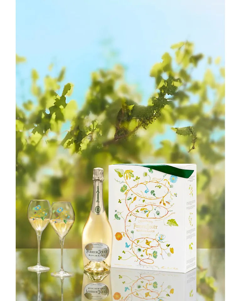 PERRIER-JOUËT BLANC DE BLANCS COFFRET 75 cL SET S DVĚMI FLUTE SKLENIČKAMI, GIFT BAG