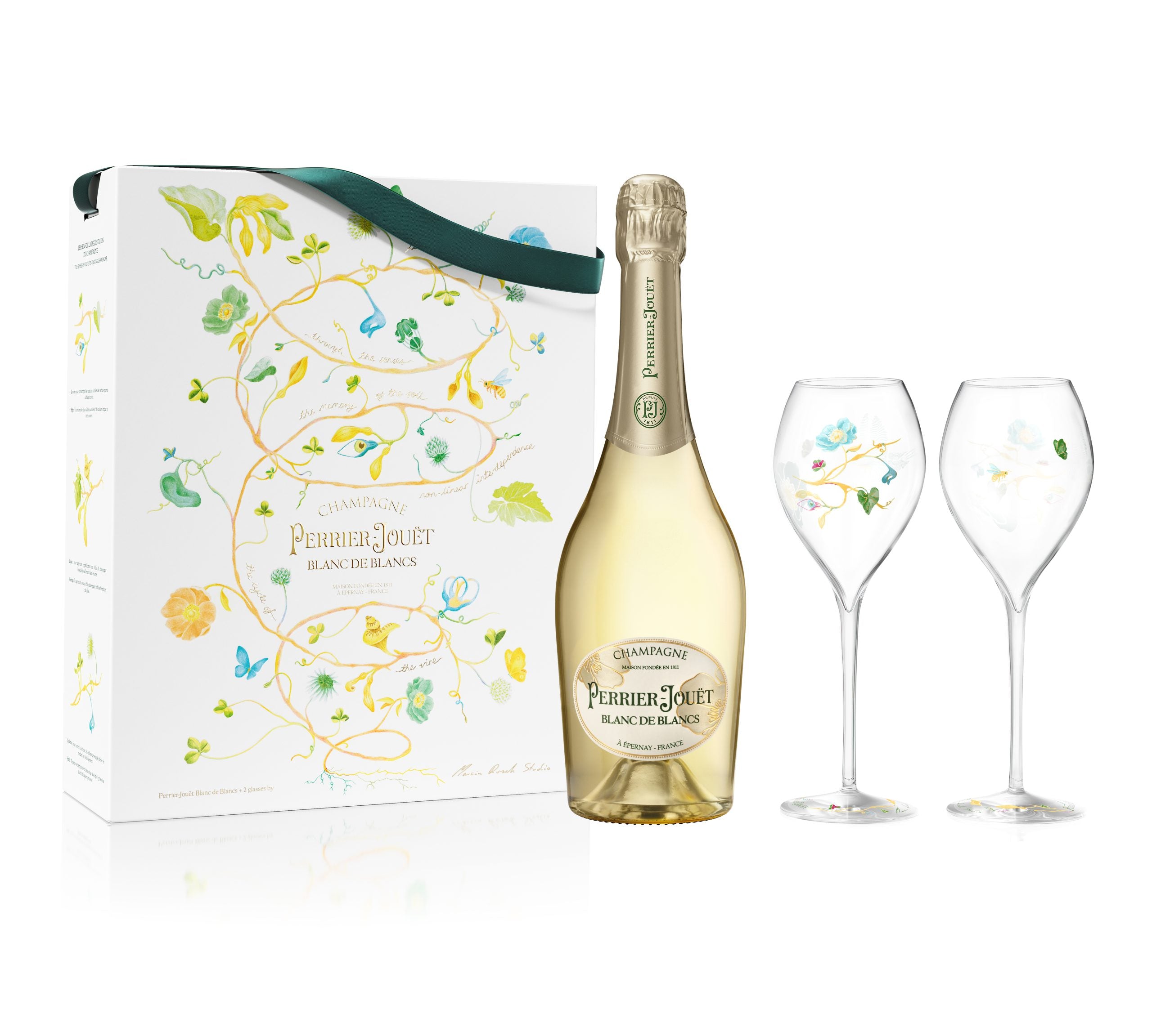 Perrier-Jouët Blanc de Blancs coffret 75 cL set s dvěmi flute skleničkami, gift bag