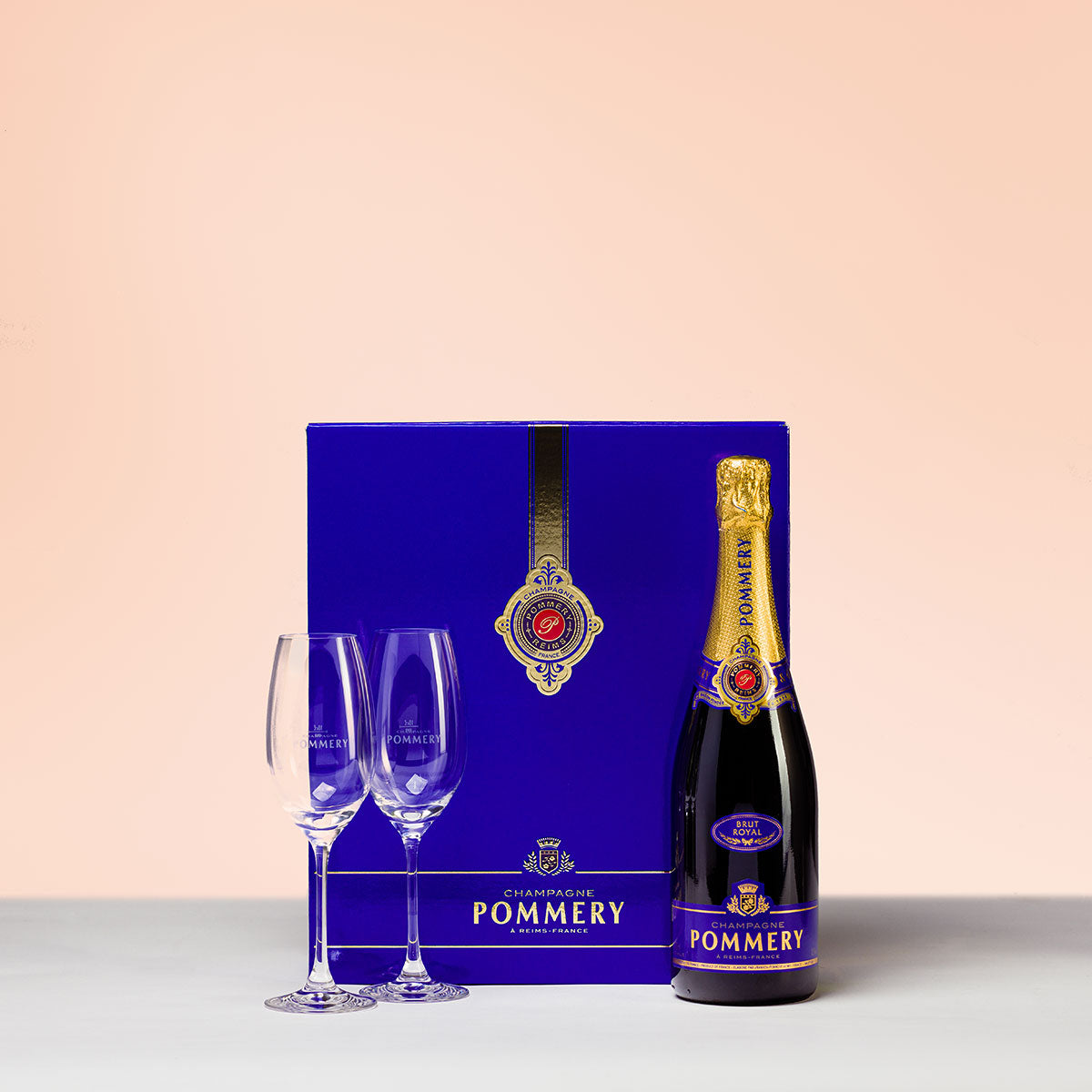 CHAMPAGNE POMMERY BRUT ROYAL COFFRET 75 cL SET SE DVĚMI SKLE NIČKAMI GIFT BAG