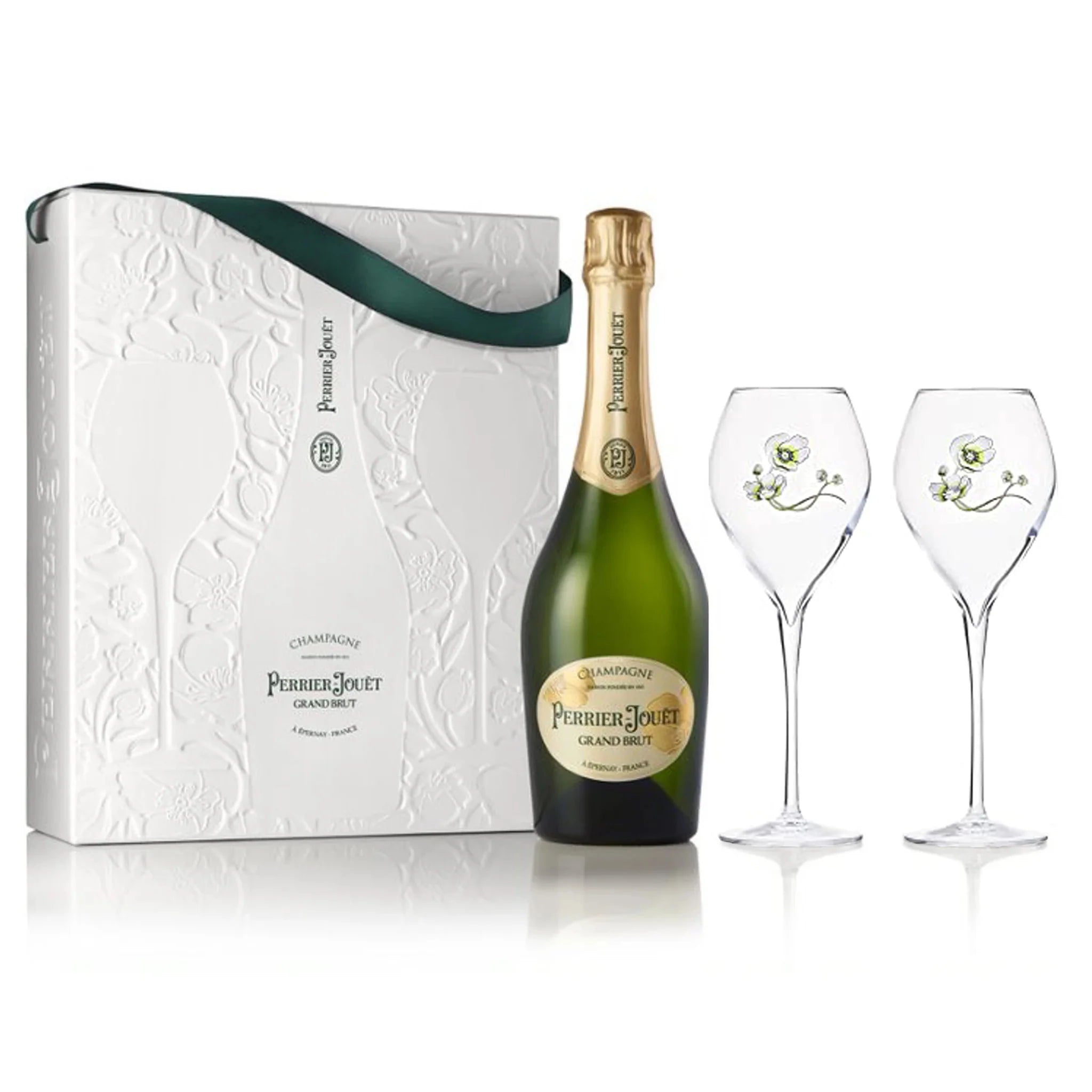 PERRIER-JOUËT GRAND BRUT COFFRET 75 cL SET S DVĚMI FLUTE SKLENIČKAMI, GIFT BAG